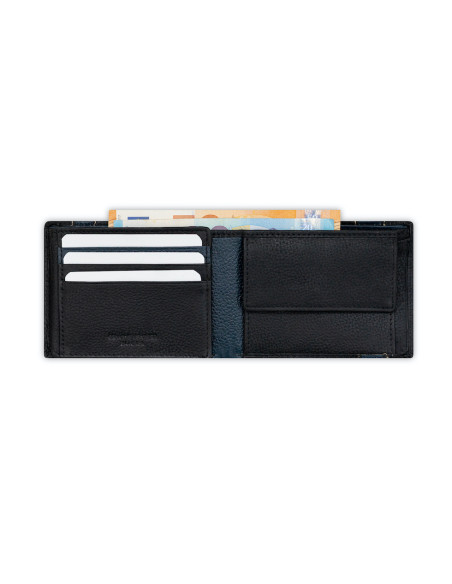 Black leather bi-fold wallet with coin pocket and elastic band, open, on a white background - MONPIEL Black leather bi-fold wallet with coin pocket and elastic band, open, on a white background - MONPIEL