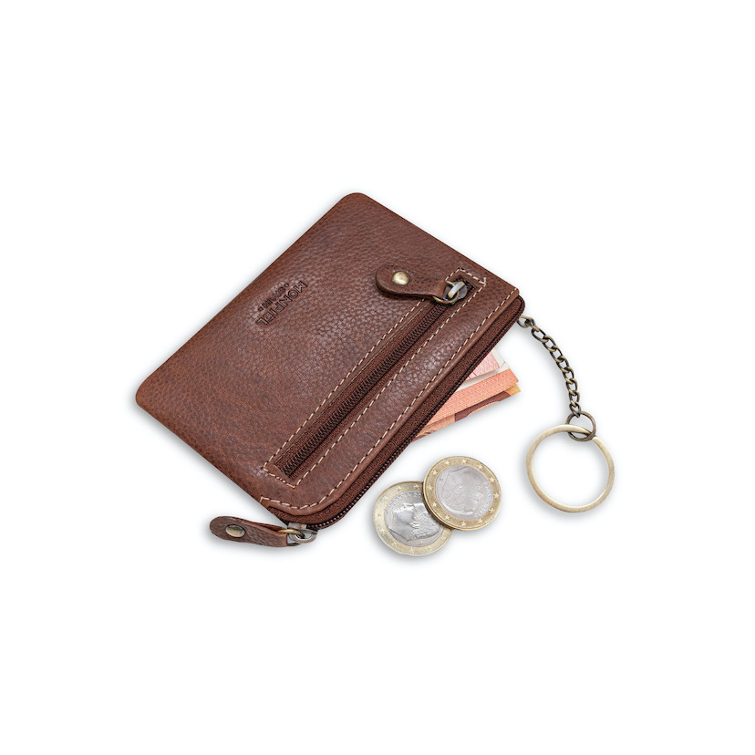 Havana leather coin purse for men, tilted with coins and a bill detail, on a white background - MONPIEL