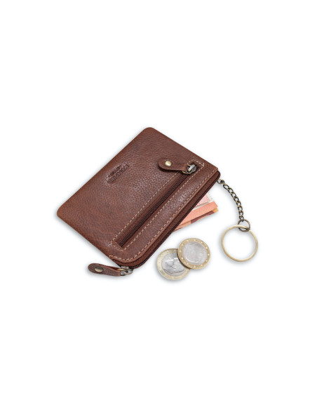 Havana leather coin purse for men, tilted with coins and a bill detail, on a white background - MONPIEL Havana leather coin purse for men, tilted with coins and a bill detail, on a white background - MONPIEL