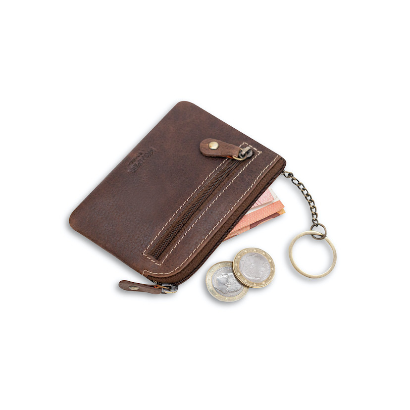 Brown leather coin purse for men, tilted with coins and a bill detail, on a white background - MONPIEL