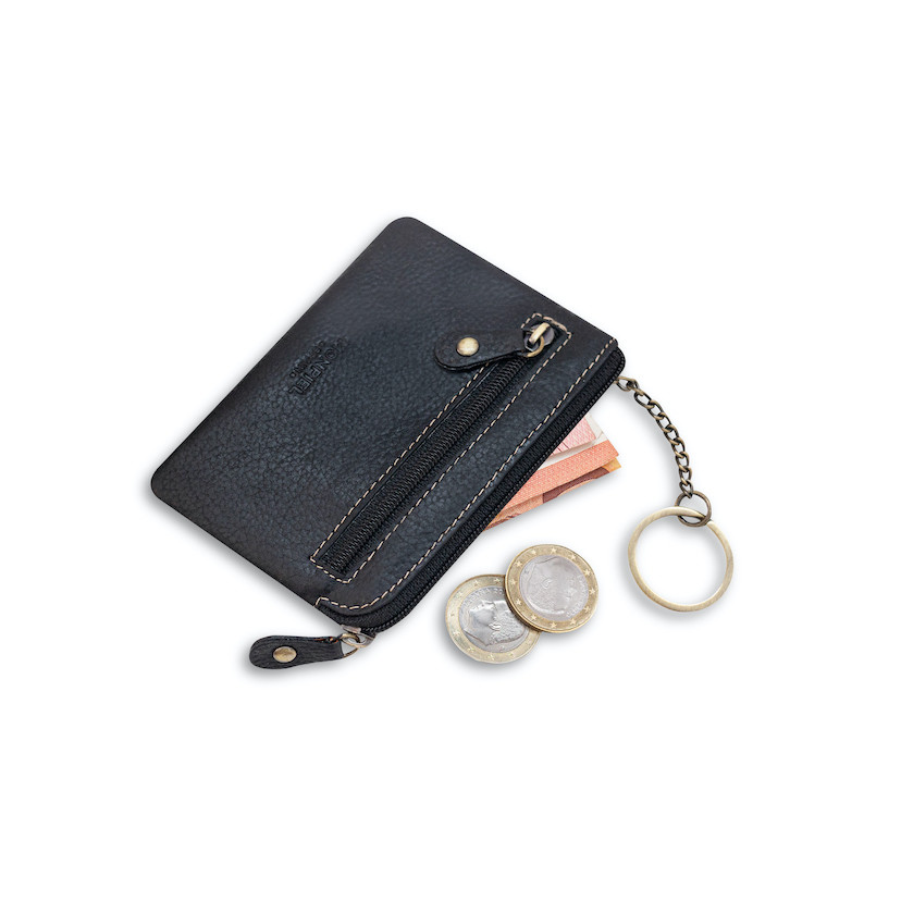 Black leather coin purse for men, tilted with coins and a bill detail, on a white background - MONPIEL