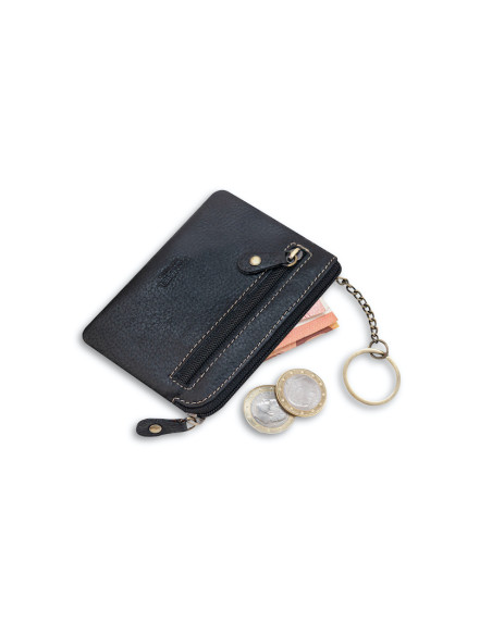 Black leather coin purse for men, tilted with coins and a bill detail, on a white background - MONPIEL Black leather coin purse for men, tilted with coins and a bill detail, on a white background - MONPIEL
