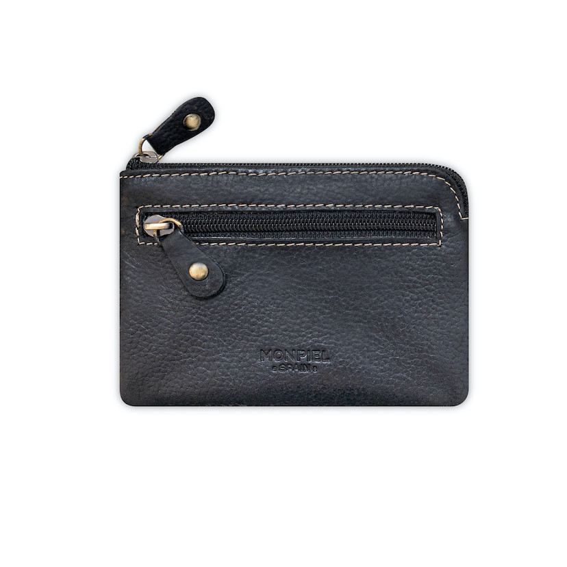 Black leather coin purse for men, front view, on a white background - MONPIEL