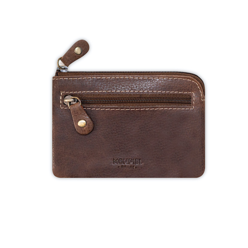 Brown leather coin purse for men, front view, on a white background - MONPIEL