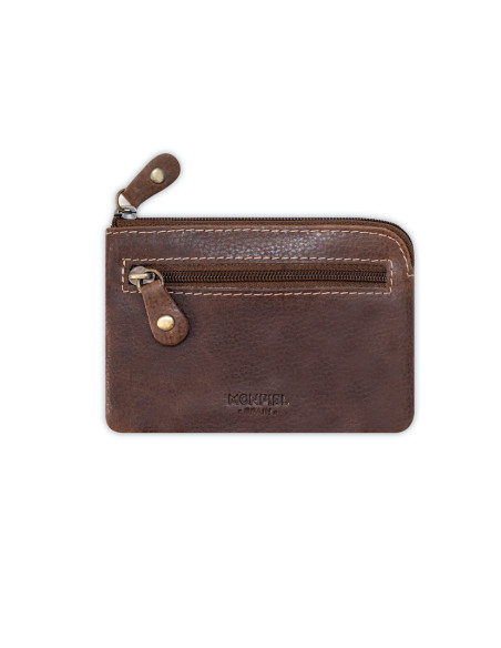 Brown leather coin purse for men, front view, on a white background - MONPIEL Brown leather coin purse for men, front view, on a white background - MONPIEL