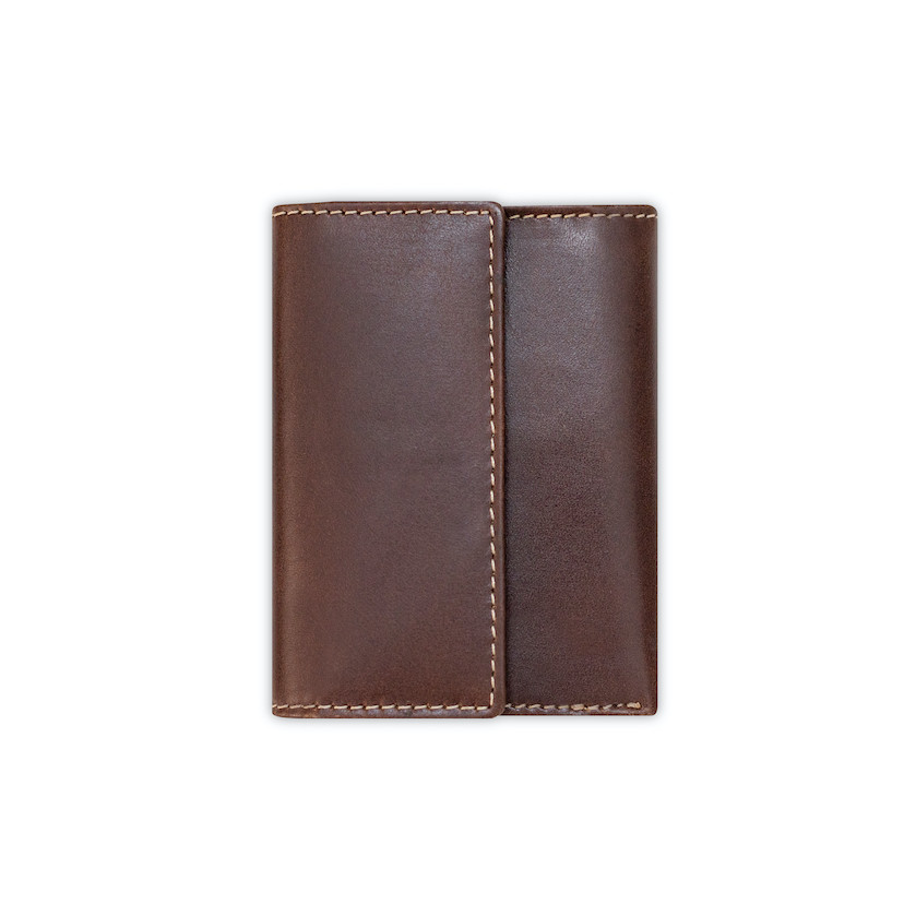 Small men’s leather wallet with bill compartment and coin pocket in brown color, rear view, on a white background - MONPIEL