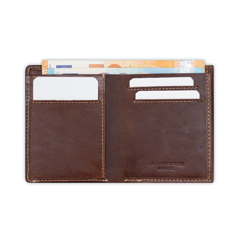 Small men’s leather wallet with bill compartment and coin pocket in brown color, open, showing card slots detail, on a - MONPIEL