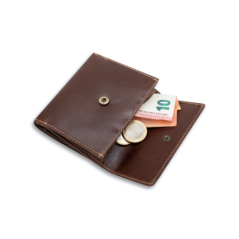 Small men’s leather wallet with bill compartment and coin pocket in brown color, coin pocket detail, on a white backgr - MONPIEL