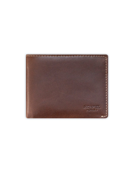 Men’s brown leather wallet, front view, on a white background - MONPIEL Men’s brown leather wallet, front view, on a white background - MONPIEL