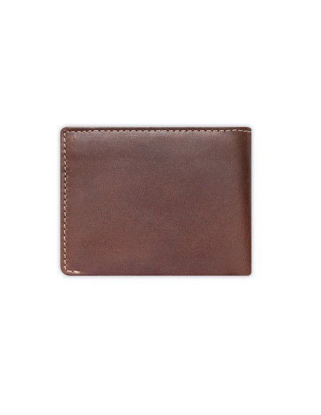 Men’s brown leather wallet, rear view, on a white background - MONPIEL Men’s brown leather wallet, rear view, on a white background - MONPIEL
