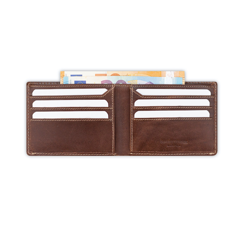 Men’s brown leather wallet, open, showing card slots detail, on a white background - MONPIEL