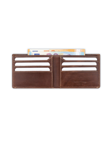 Men’s brown leather wallet, open, showing card slots detail, on a white background - MONPIEL Men’s brown leather wallet, open, showing card slots detail, on a white background - MONPIEL