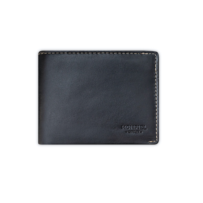 Men’s black leather wallet, front view, on a white background - MONPIEL