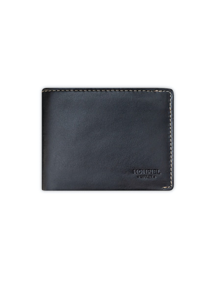Men’s black leather wallet, front view, on a white background - MONPIEL Men’s black leather wallet, front view, on a white background - MONPIEL