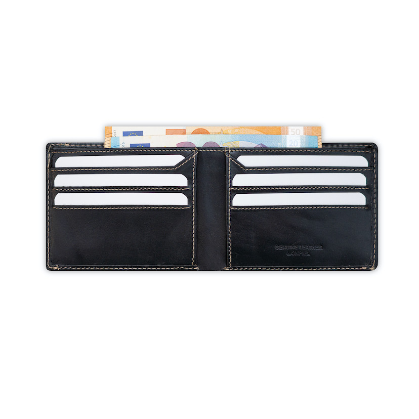 Men’s black leather wallet, open, showing card slots detail, on a white background - MONPIEL
