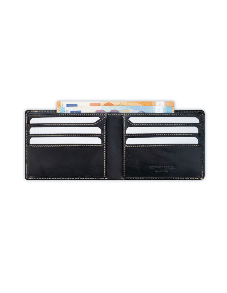 Men’s black leather wallet, open, showing card slots detail, on a white background - MONPIEL Men’s black leather wallet, open, showing card slots detail, on a white background - MONPIEL