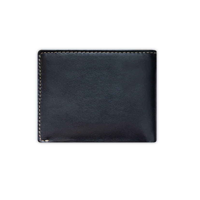 Men’s black leather wallet, rear view, showing stitching detail, on a white background - MONPIEL