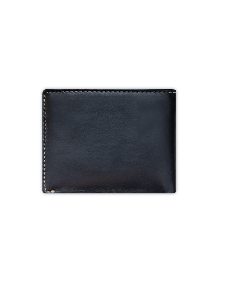 Men’s black leather wallet, rear view, showing stitching detail, on a white background - MONPIEL Men’s black leather wallet, rear view, showing stitching detail, on a white background - MONPIEL