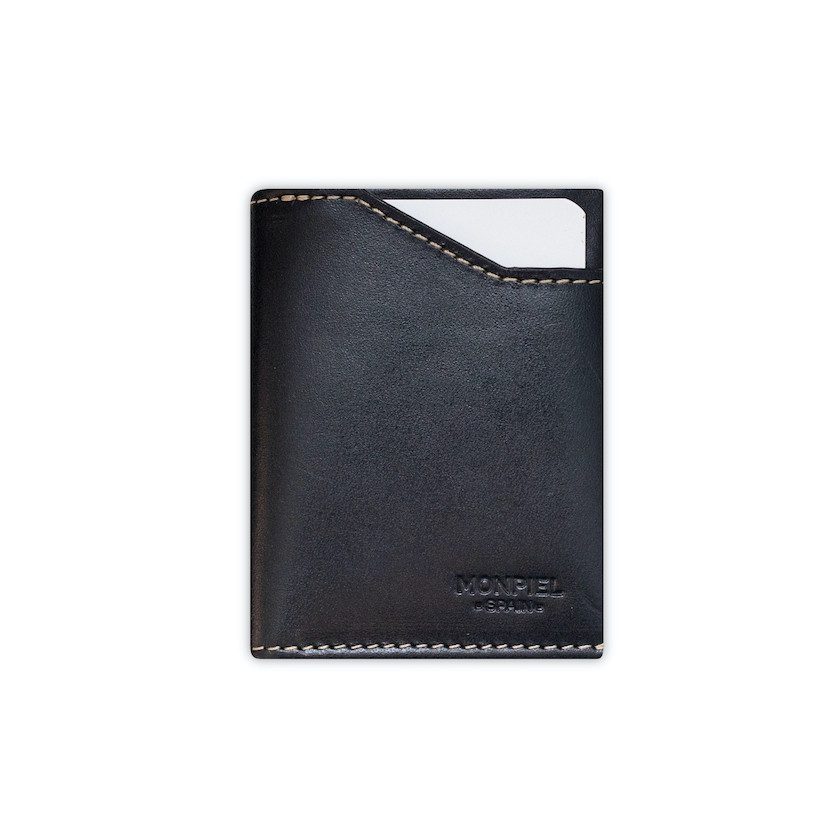 Leather pocket wallet with coin purse in black, front view on a white background - MONPIEL