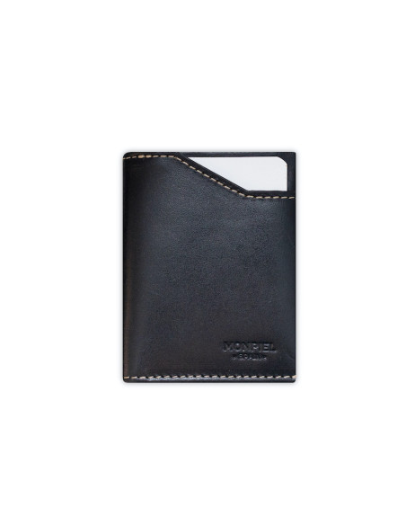 Black leather pocket wallet with coin pocket, front view, on a white background - MONPIEL