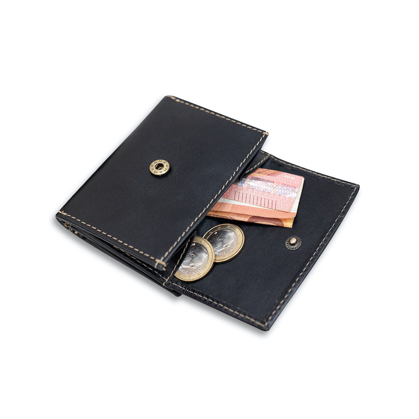 Leather pocket wallet with coin purse in black, open coin purse detail with coins and bills on a white background - MONPIEL