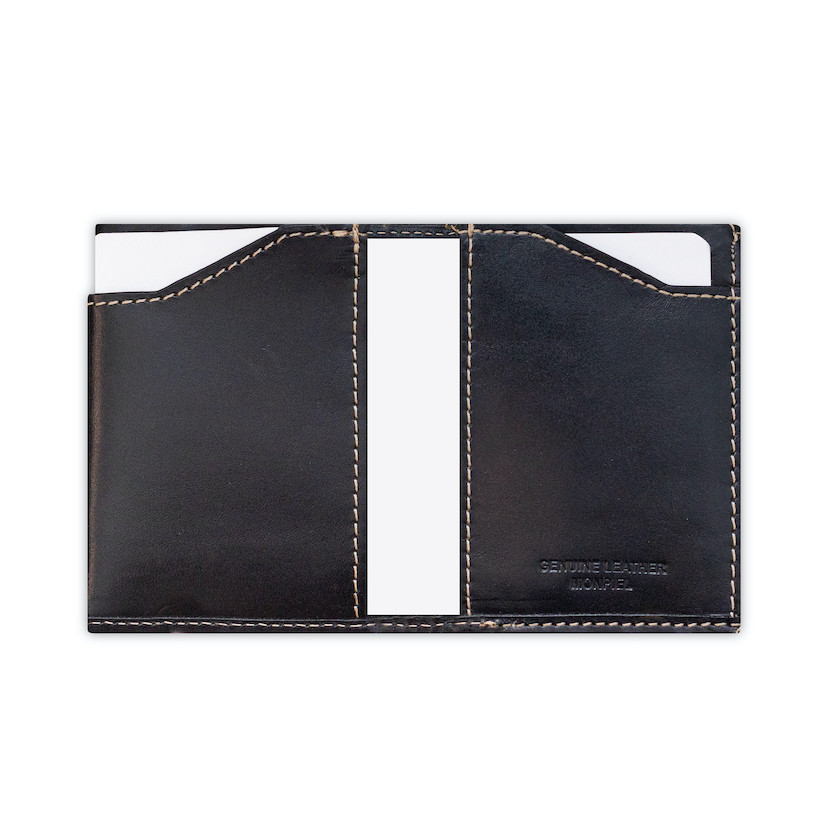 Leather pocket wallet with coin purse in black, open with card slots detail - MONPIEL