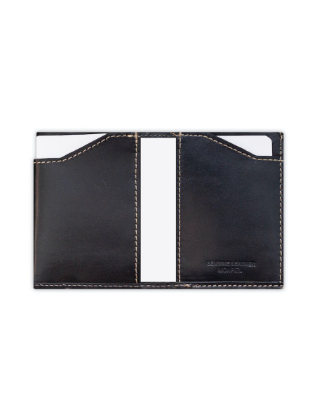 Portafoglio pocket con moneta in pelle nera, aperto, con dettaglio delle fessure per carte - MONPIEL