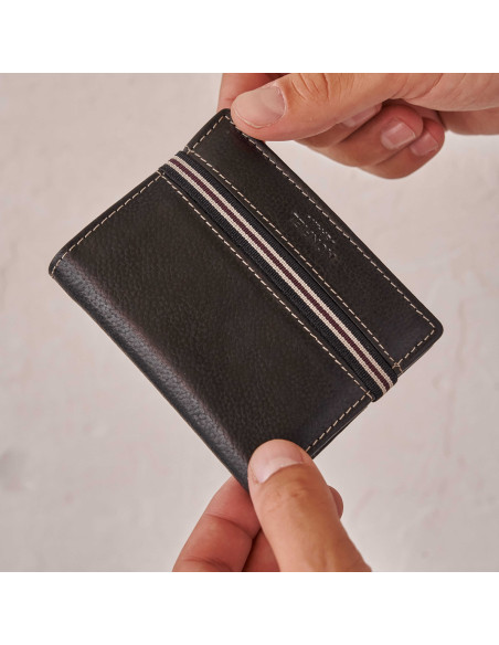 Portafoglio con moneta in pelle nera con elastico, tenuto con le dita - MONPIEL