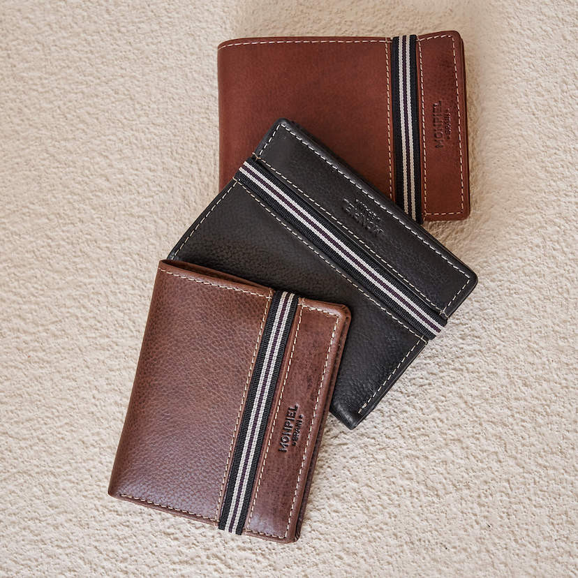 Brown, Havana, and black leather wallet with coin purse and rubber detail - MONPIEL