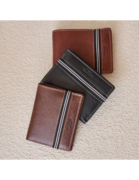 Brown, tan, and black leather wallet with elastic coin pocket - MONPIEL