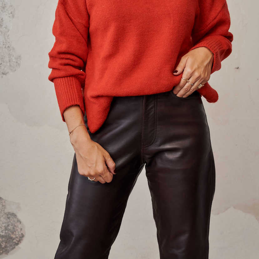 Brown leather pants with front view, medium shot - MONPIEL