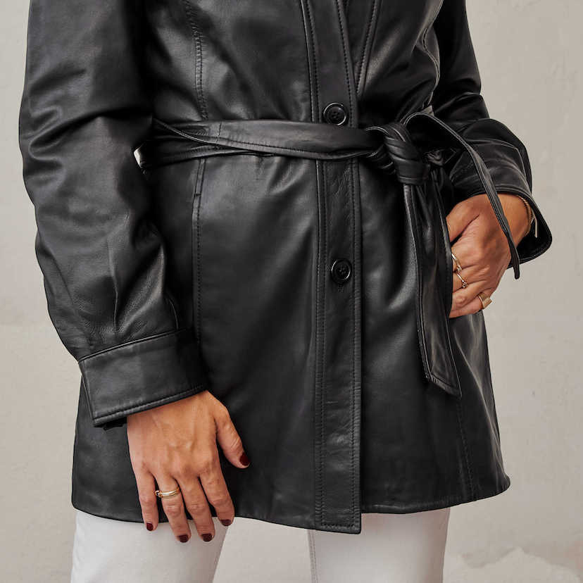 Black leather trench coat with perspective view and knot detail - MONPIEL