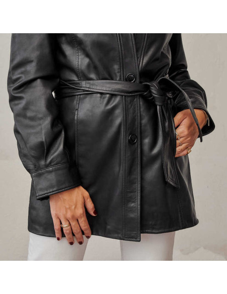 Black leather trench coat, perspective view, knotted detail - MONPIEL