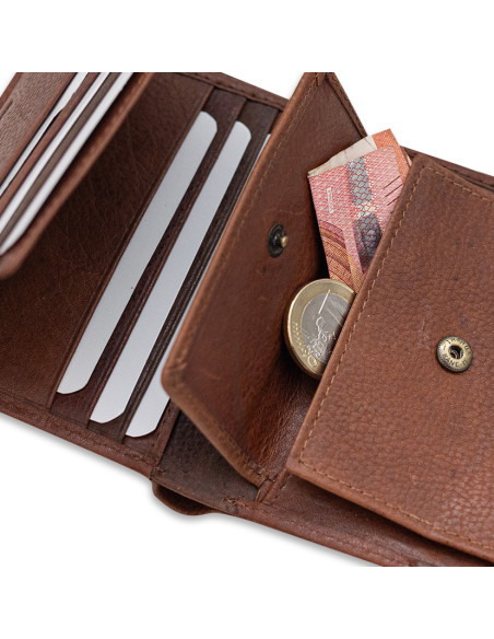 Brown leather wallet with money clip, close-up of open coin pocket - MONPIEL