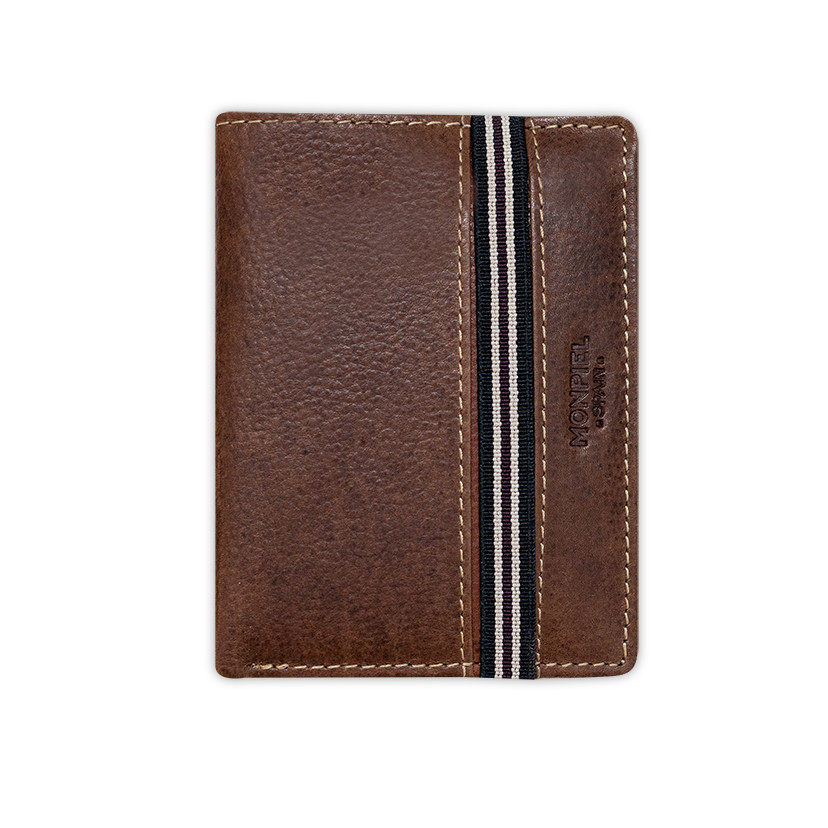 Brown leather wallet with coin purse and rubber detail, front view on a white background - MONPIEL