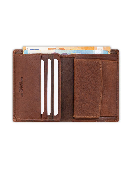 Brown leather wallet with money clip, open, on a white background - MONPIEL