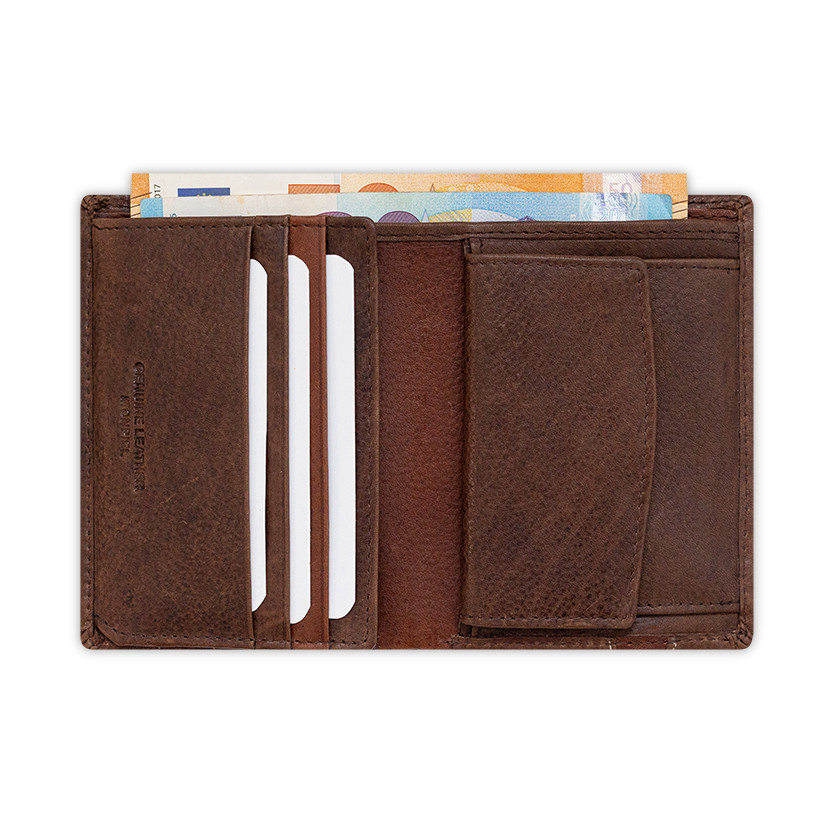 Brown leather wallet with coin purse and rubber detail, open on a white background - MONPIEL