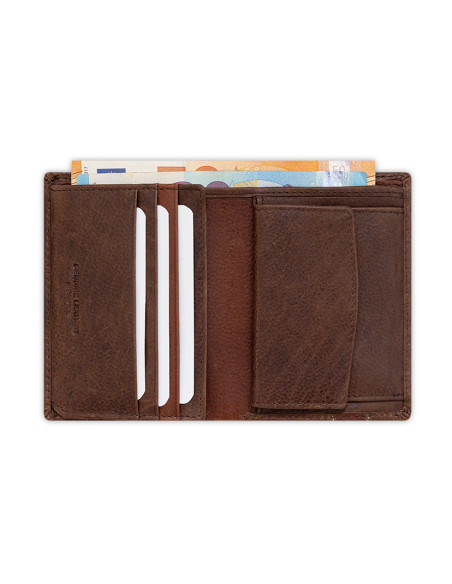 Brown leather wallet with coin purse and rubber detail, open on a white background - MONPIEL