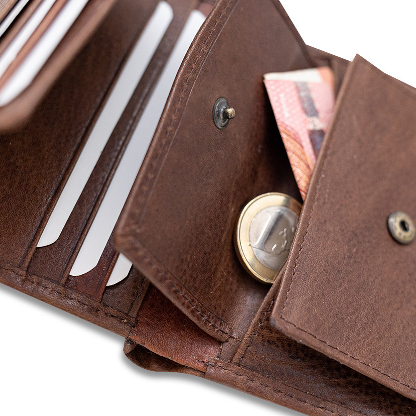 Brown leather wallet with coin purse and rubber detail, open coin purse close-up - MONPIEL