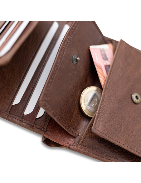 Brown leather wallet with money clip, close-up of open coin pocket - MONPIEL