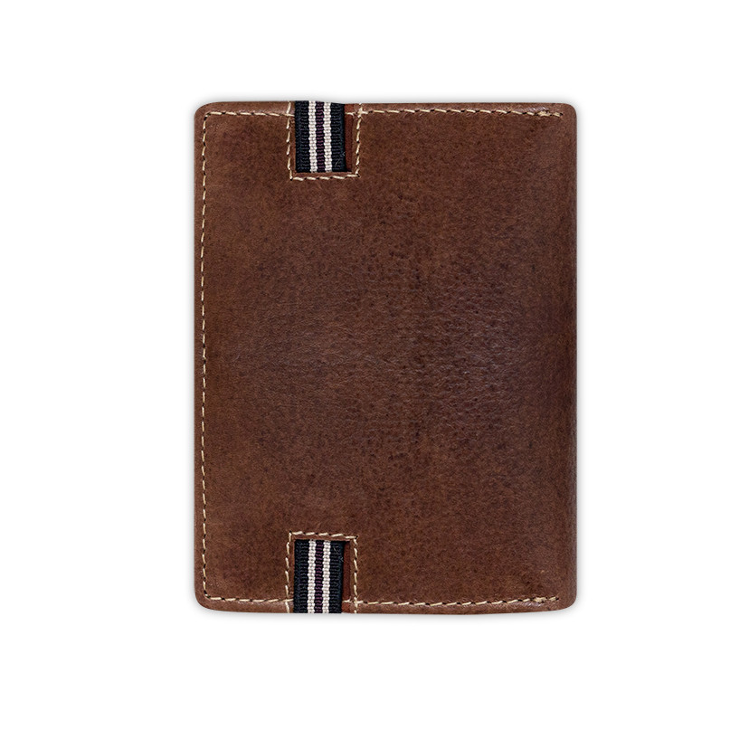 Brown leather wallet with coin purse and rubber detail, rear view on a white background - MONPIEL
