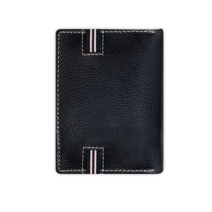 Black leather wallet with coin purse and rubber detail, rear view on a white background - MONPIEL