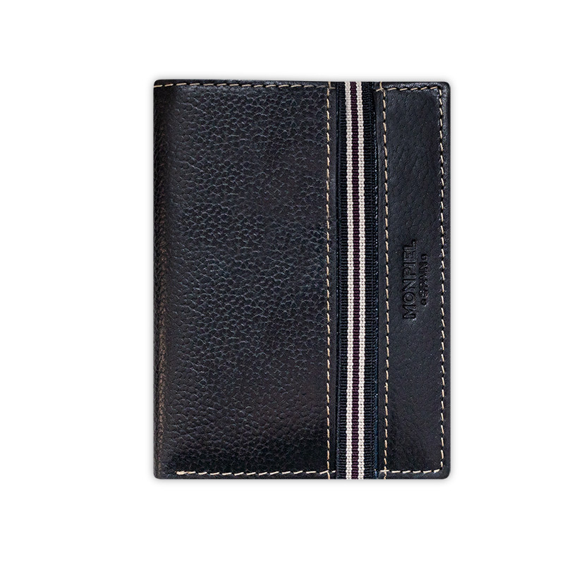 Black leather wallet with coin purse and rubber detail, front view on a white background - MONPIEL