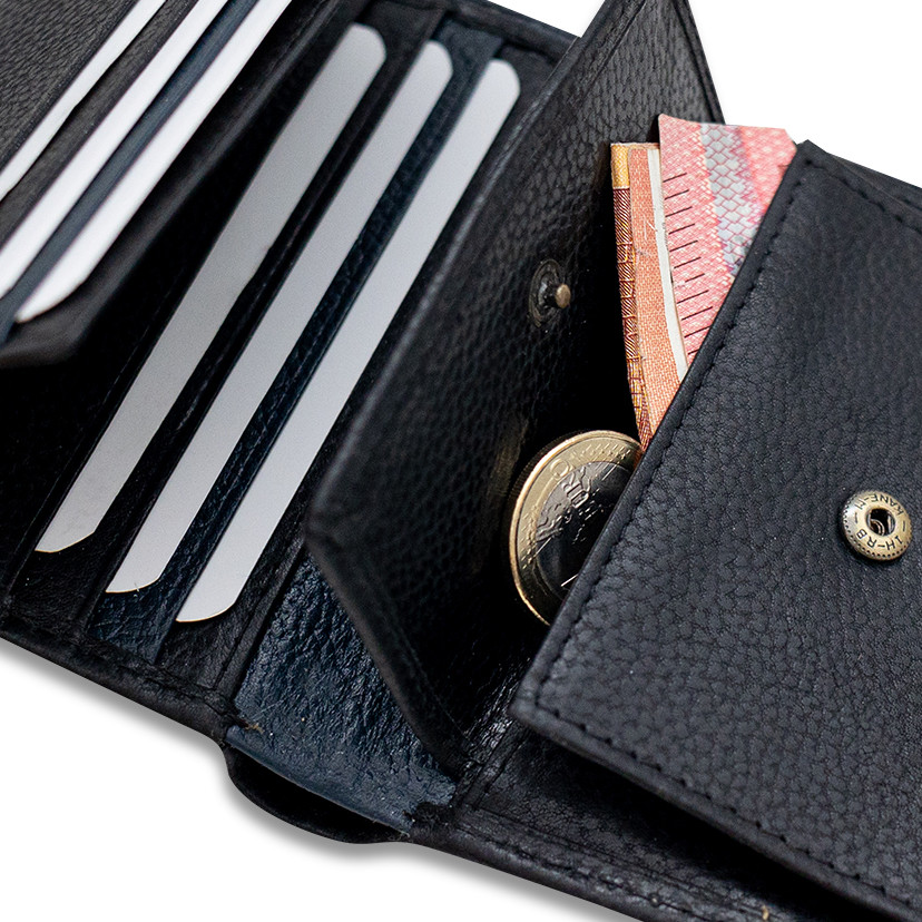 Black leather wallet with coin purse and rubber detail, open coin purse close-up - MONPIEL