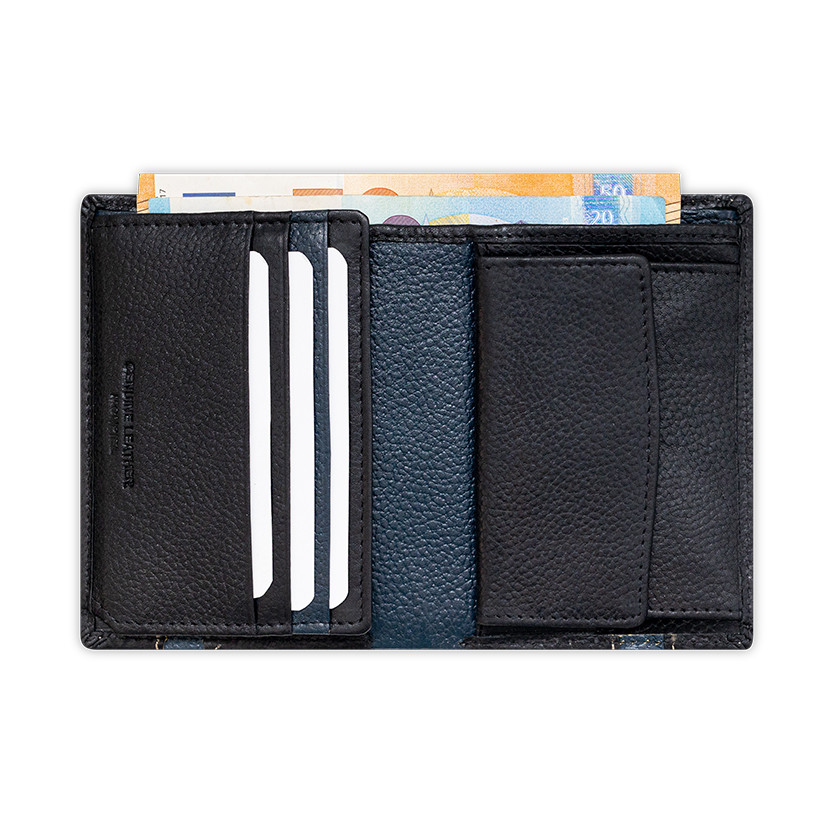 Black leather wallet with coin purse and rubber detail, open on a white background - MONPIEL