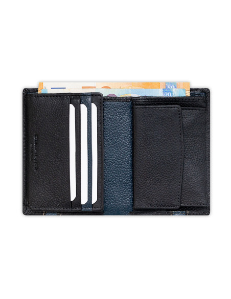Black leather wallet with money clip, open, on a white background - MONPIEL