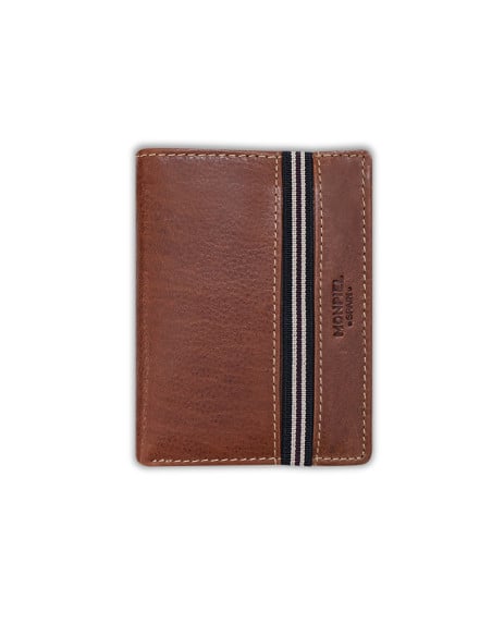 Portefeuille en cuir marron avec bande élastique, vue de face sur fond blanc - MONPIEL