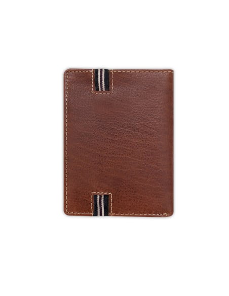 Portefeuille en cuir marron avec bande élastique, vue arrière sur fond blanc - MONPIEL