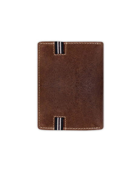 Brown leather wallet with elastic band, back view on a white background - MONPIEL