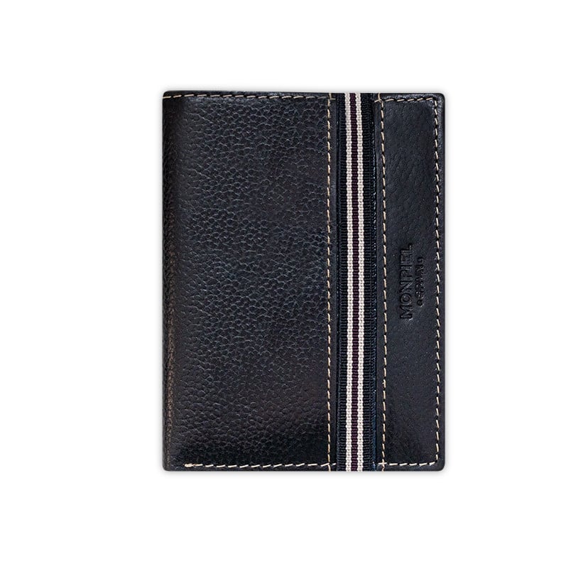 Black leather wallet with rubber detail, front view on a white background - MONPIEL